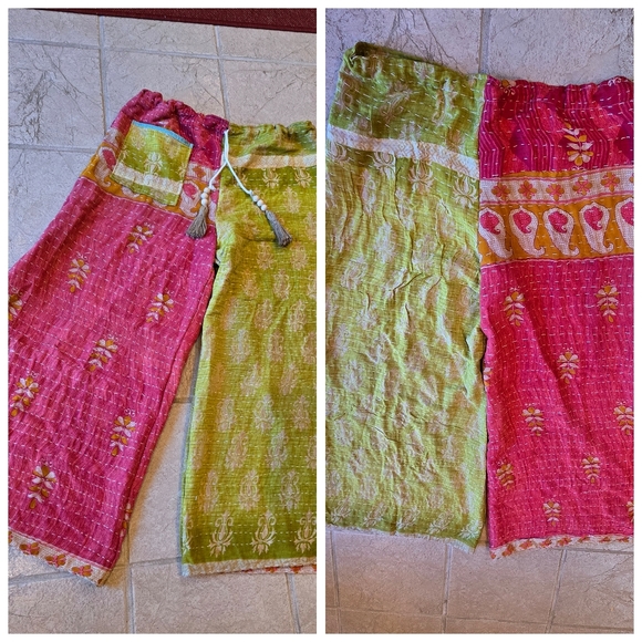 Upcycled Kantha Quilt Palazzo Pants L-XL Handmade Dont Throw It Out - Picture 2 of 5